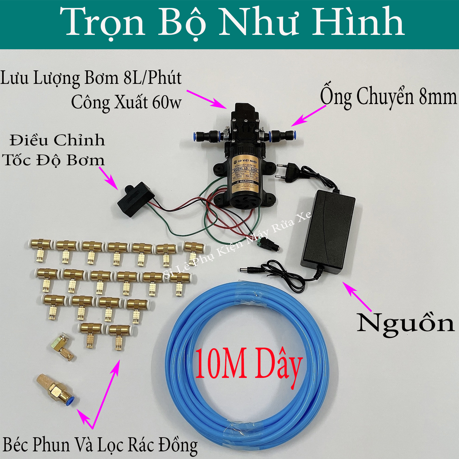 Combo máy bơm phun sương 12v áp lực cao - máy bơm nước mini 12v làm mát không khí - bơm nước việt nhật tăng áp mini