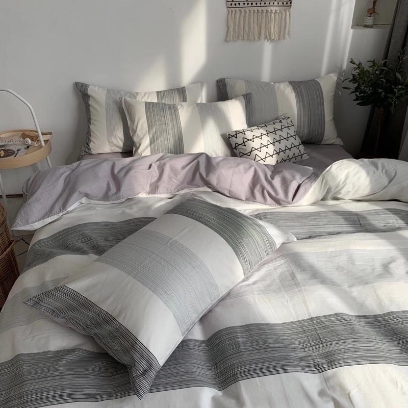Set Cotton Living Hàng Nhập Khẩu Cao Cấp 4 Món Kẻ Trắng