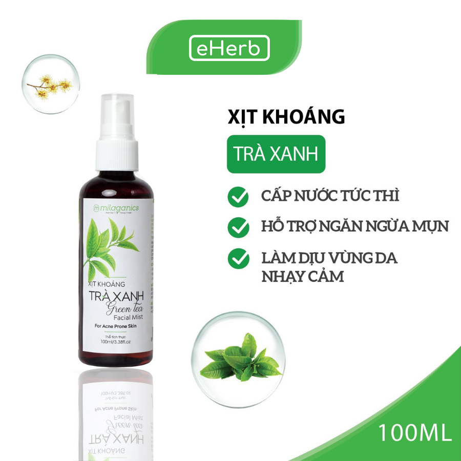 Xịt Khoáng Trà Xanh Cấp Nước, Ngăn Ngừa Mụn Milaganics (100ml)