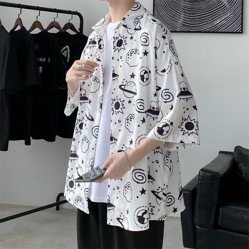 Áo sơ mi nam ngắn tay form rộng họa tiết vũ trụ mới 2 màu đen trắng chất voan lụa mềm mát mẻ