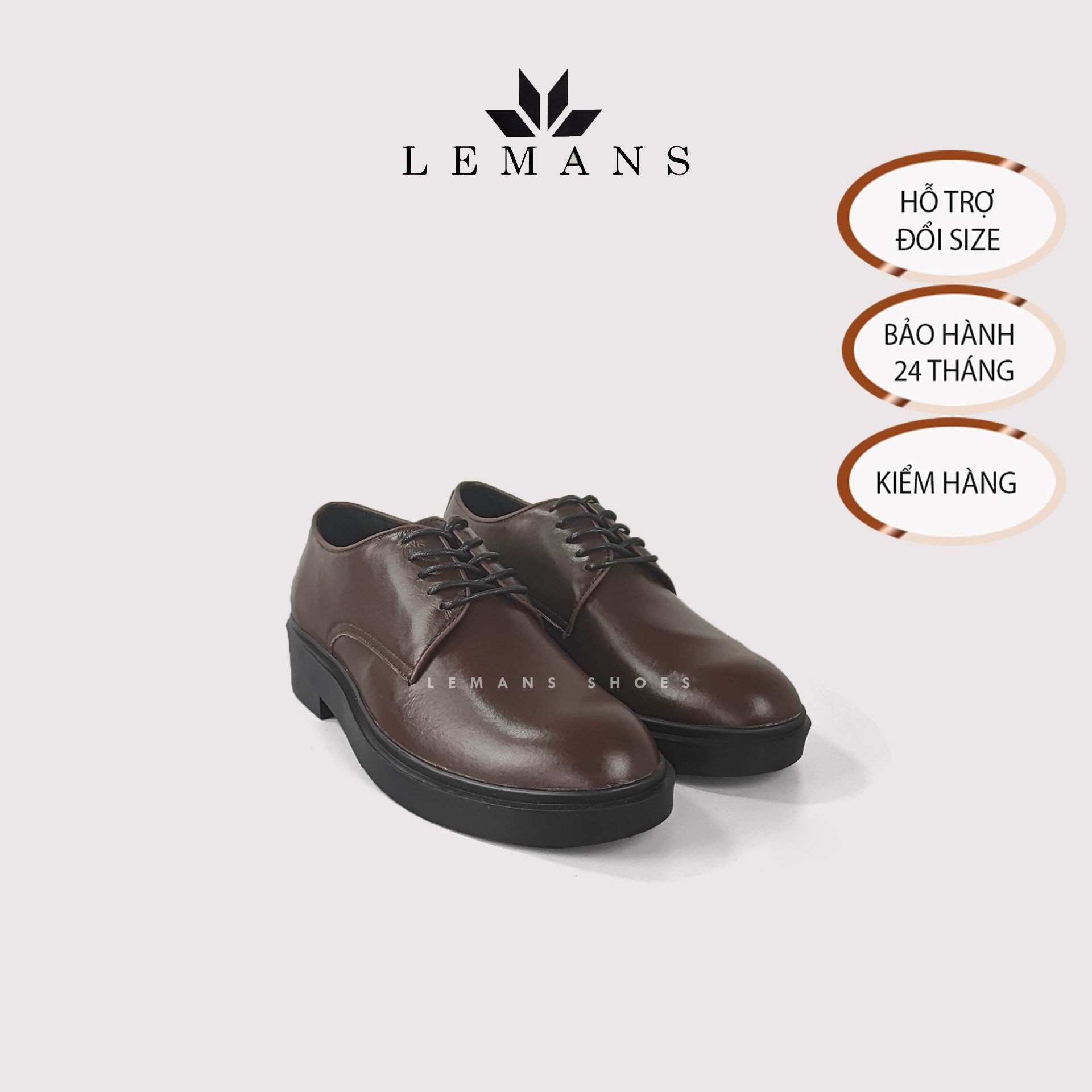 Giày tây Modern Derby Brown - LEMANS, da bò nguyên tấm, đế tăng chiều cao 4cm, bảo hành 24 tháng