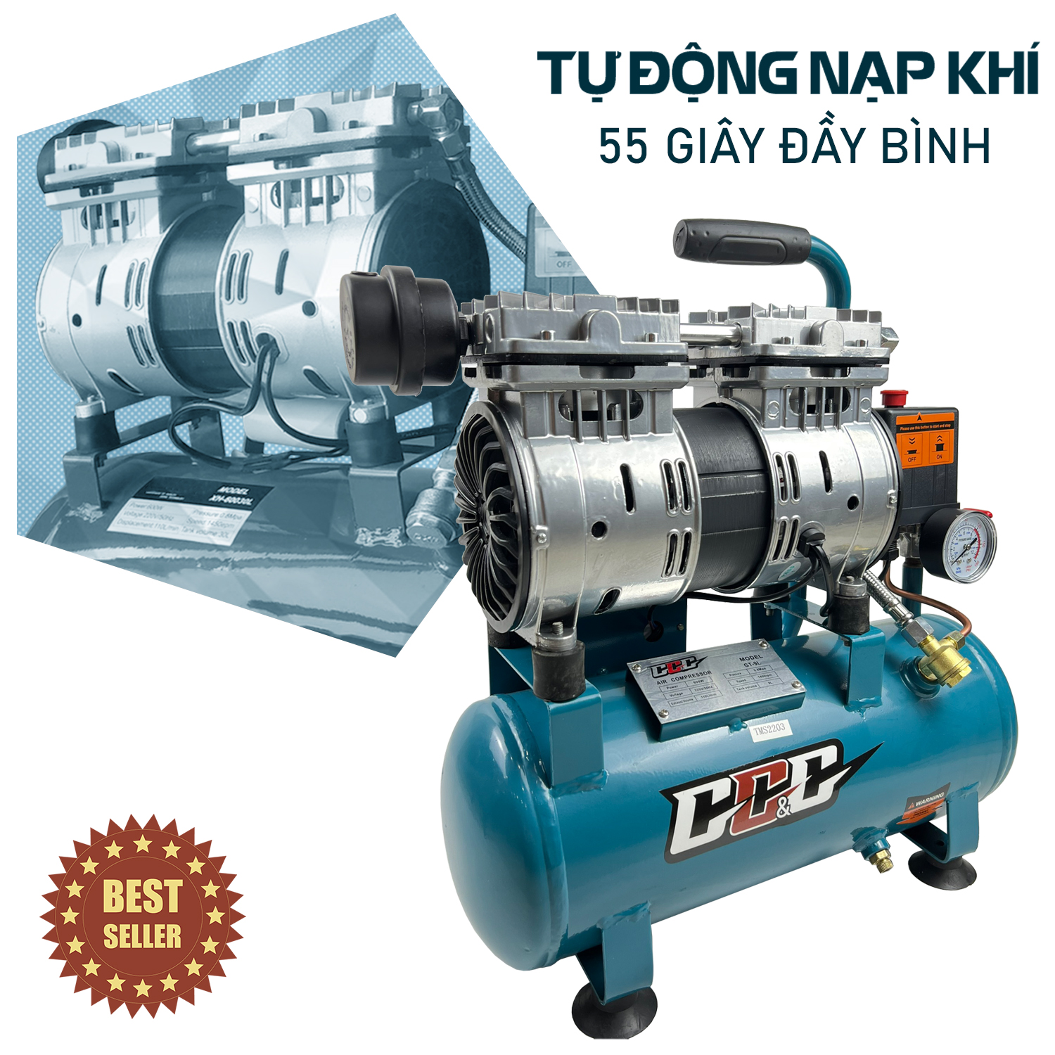 Máy nén khí | Máy bơm hơi | Bình hơi không dầu 9L -600w -nén 8kg - Tự động nạp ngắt khí - Tốc độ nạp khí siêu nhanh | May nen khi, máy nén hơi mini