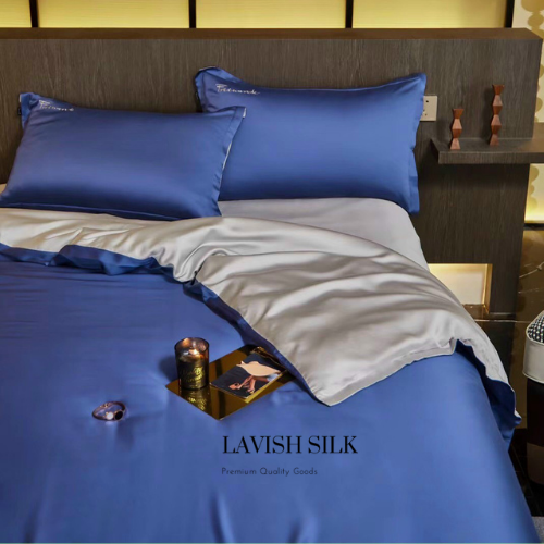 Trọn Bộ Ga Gối Lụa Kèm Chăn Sẵn Ruột + Tặng Bộ Quà Tặng Lavish Silk Cao Cấp - Xanh Biển Mix Bạc Kim