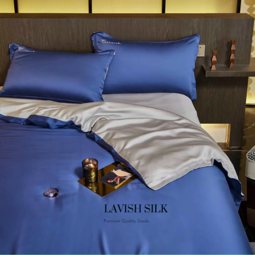 Trọn Bộ Ga Gối Lụa Kèm Chăn Sẵn Ruột + Tặng Bộ Quà Tặng Lavish Silk Cao Cấp - Xanh Biển Mix Bạc Kim