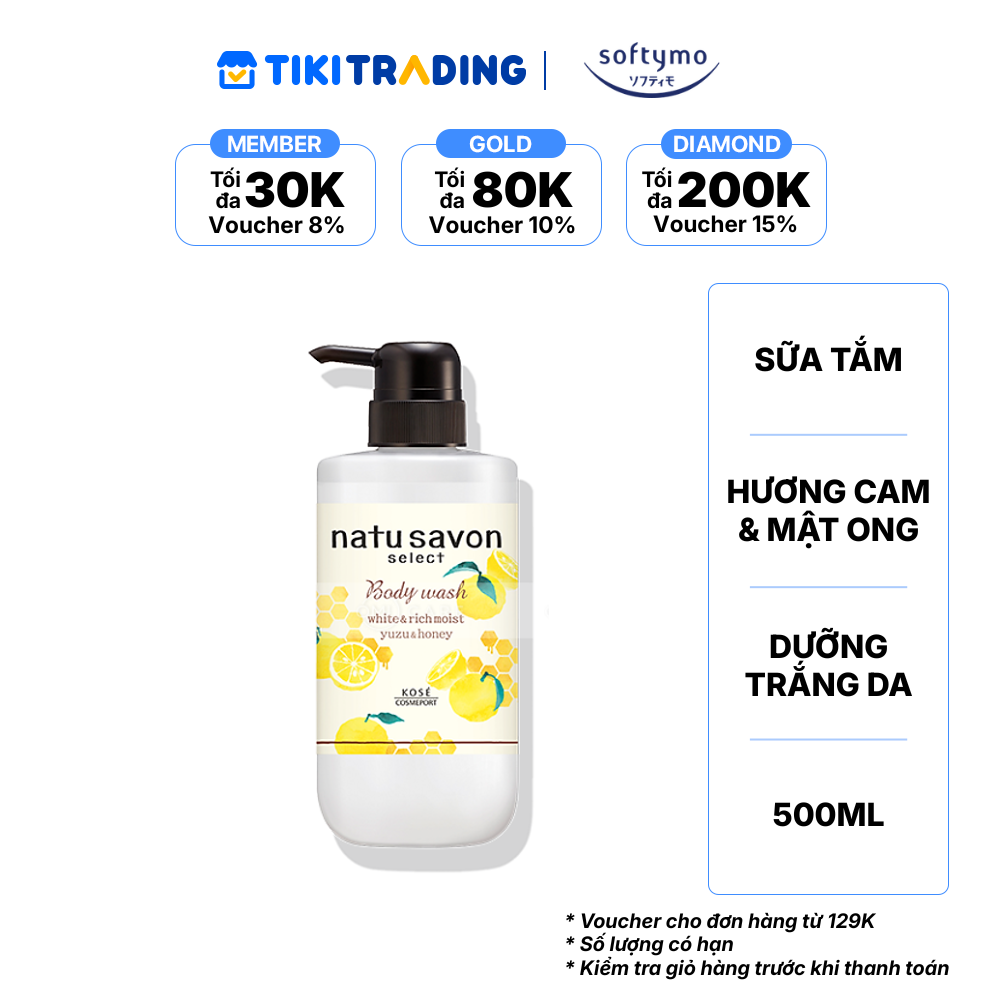 Sữa tắm tạo bọt dưỡng trắng và làm mềm mịn da SOFTYMO NATU SAVON hương cam yuzu &amp; mật ong chai (500 ml/chai)