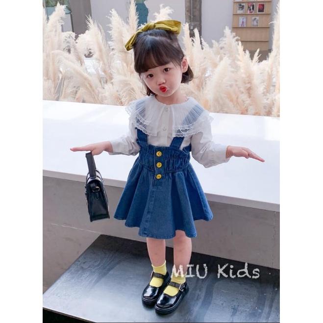 Set váy yếm bò và áo sơ mi voan công chúa cho bé gái mùa hè