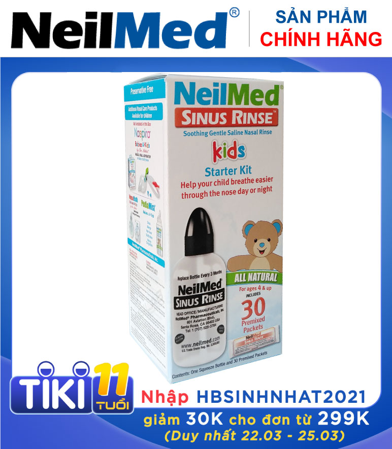 Bình (Bộ Dụng Cụ) Xịt Rữa Mũi Xoang Cho Bé Neilmed Sinus Rinse Paediatric Starter Kit (1 bình + 30 gói hỗn hợp muối rửa)