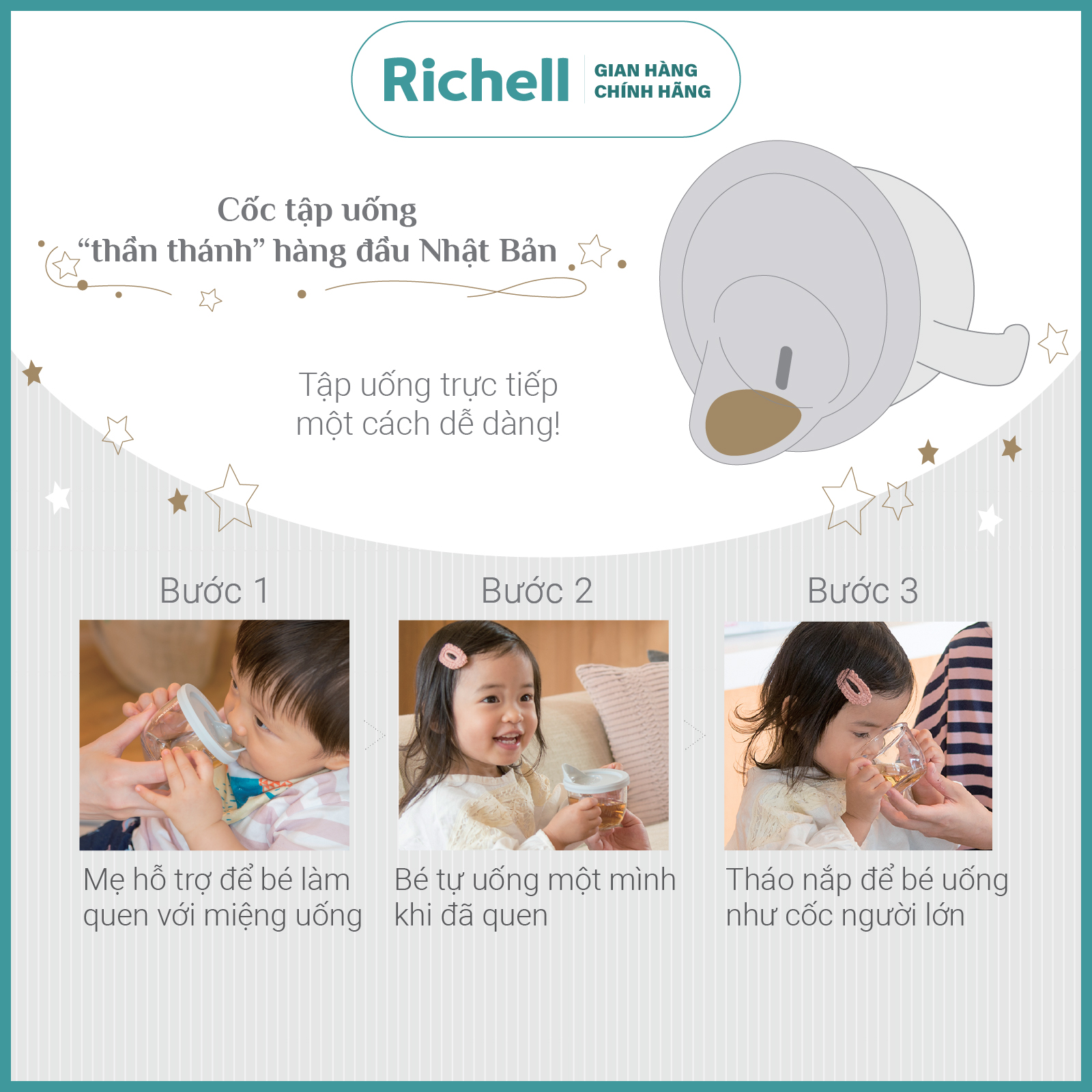 Cốc tập uống trực tiếp AXSTARS Richell Nhật Bản chống sặc cho bé từ 7 tháng | Baby