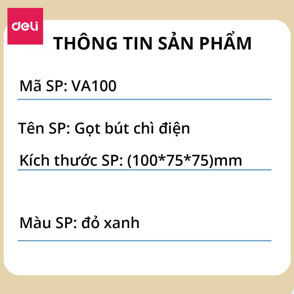 Gọt Bút Chì Điện Tự Động Deli - Tiện Lợi, An Toàn Và Bảo Vệ Người Dùng, Màu Sắc Hiện Đại Sang Trọng Học Sinh Văn Phòng - VA100