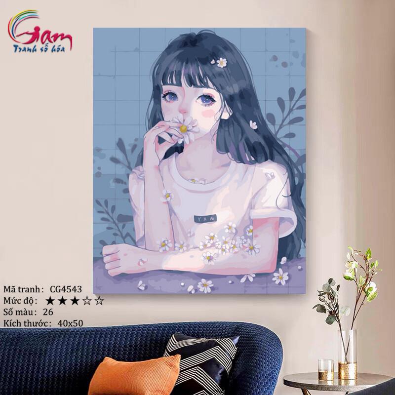 Tranh số hoá cô gái dễ thương mới lọ màu to 5ml + 2 bộ cọ + khung 2.5cm CG4543