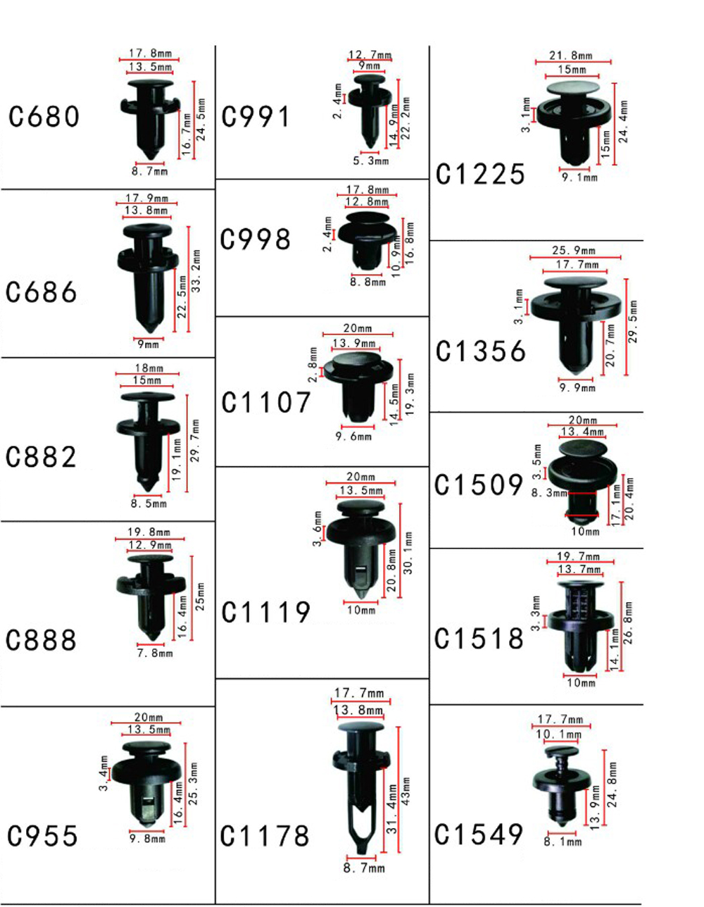 Gói 10 cái đinh tán chốt nhựa dành cho xe ô tô Fiat cao cấp sản xuất đúng theo kích thước chuẩn của nhà sản xuất xe hơi