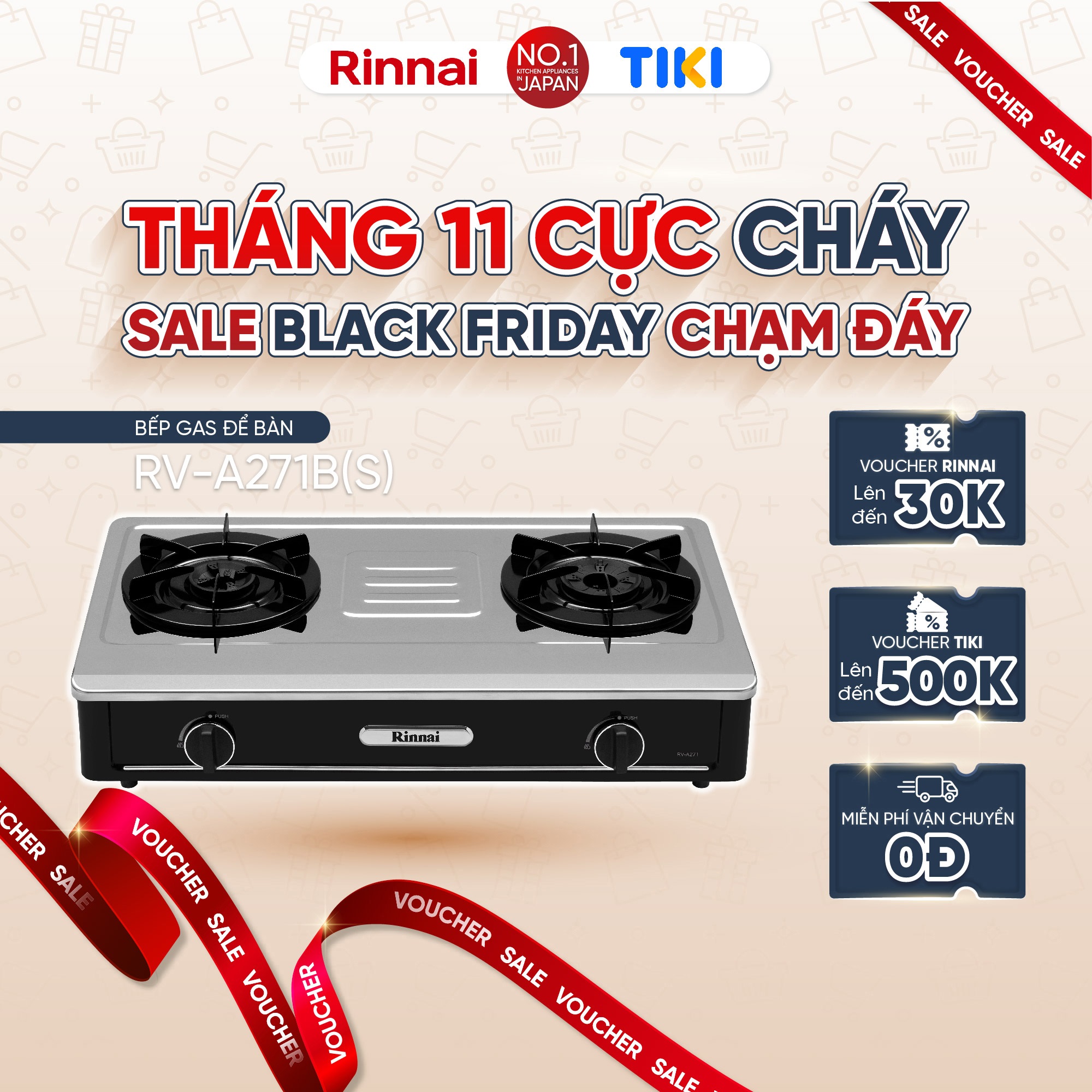 Bếp gas dương Rinnai RV-A271B(S) mặt bếp inox và kiềng bếp men - Hàng chính hãng.