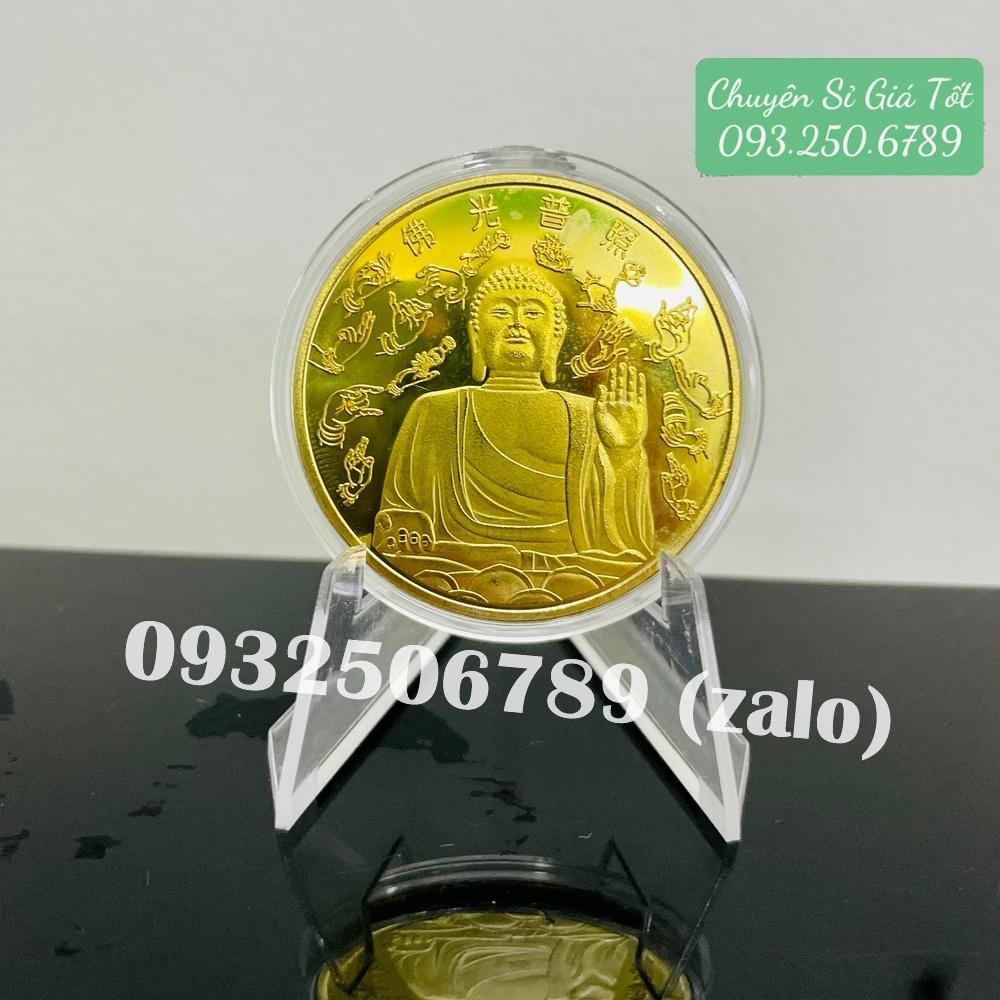 Đồng Xu Phật Tổ Như Lai Mạ Vàng Phong Thuỷ May Mắn, mẫu NGỒI, tặng túi gấm đỏ - PASA COLLECTION