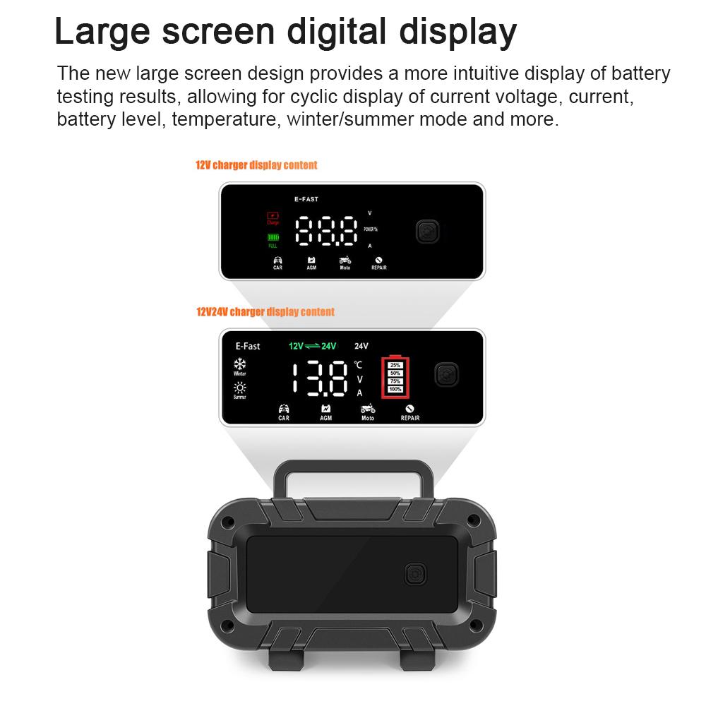 E-FAST Car Battery Chargers 12V/24V Intelligent Pulse Repairing Charge Device Automotive Battery Trickle Maintainer with LCD Digital Display for Car Truck Motorcycle Battery Leadacid Battery Lithium Battery