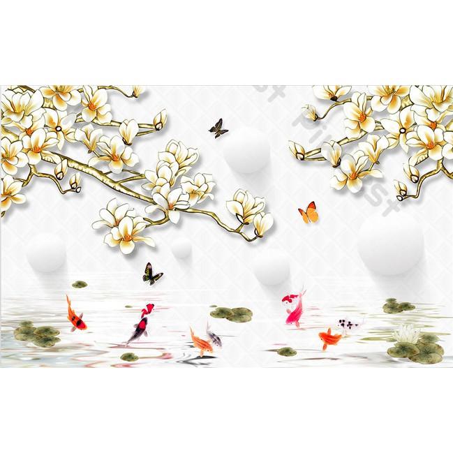 Tranh dán tường Tranh phong thủy hoa cá và bướm xinh tươi, tranh dán tường 3d hiện đại MS1144555