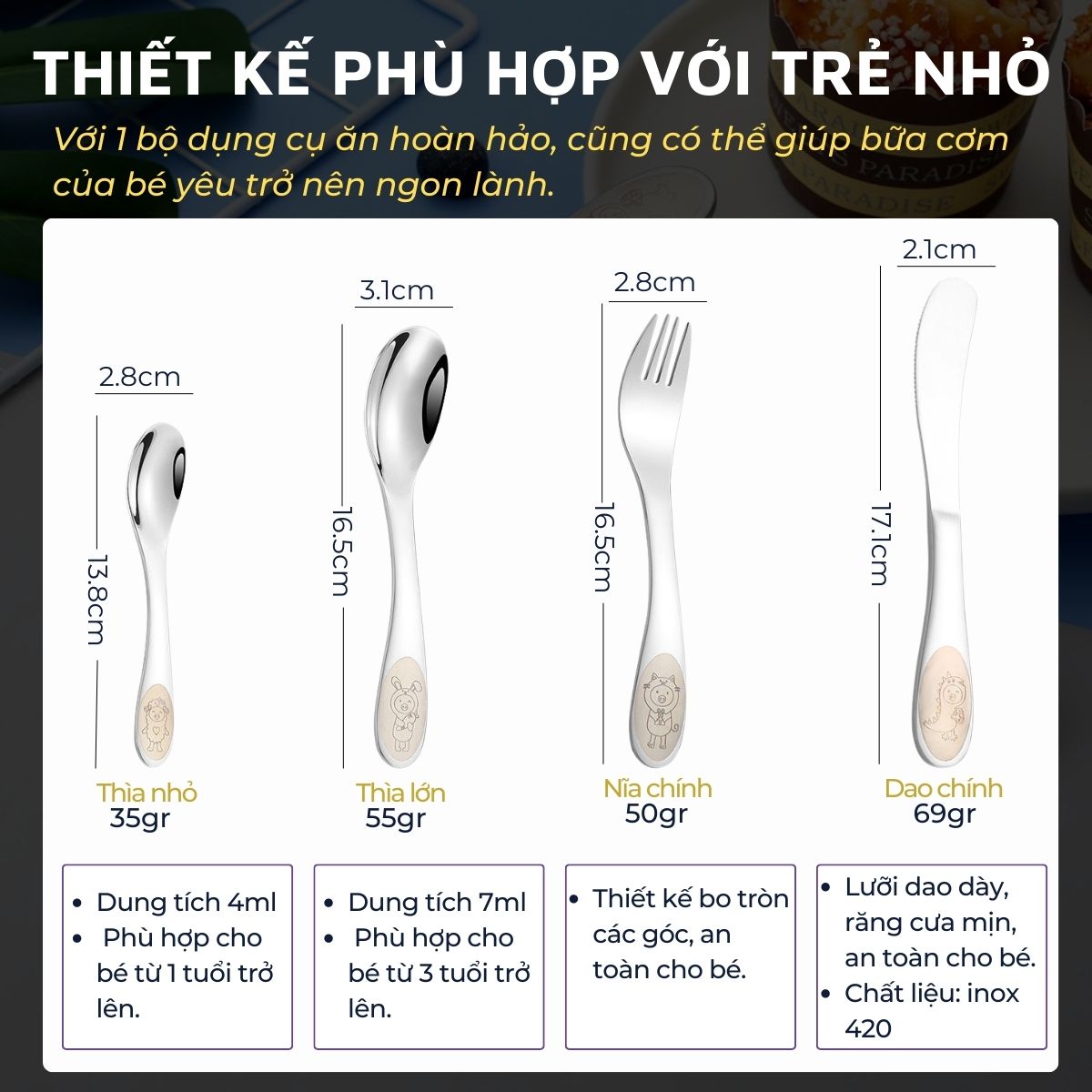 Bộ dao thìa nĩa tập ăn cho bé DandiHome inox 304 cao cấp - Có các lựa chọn