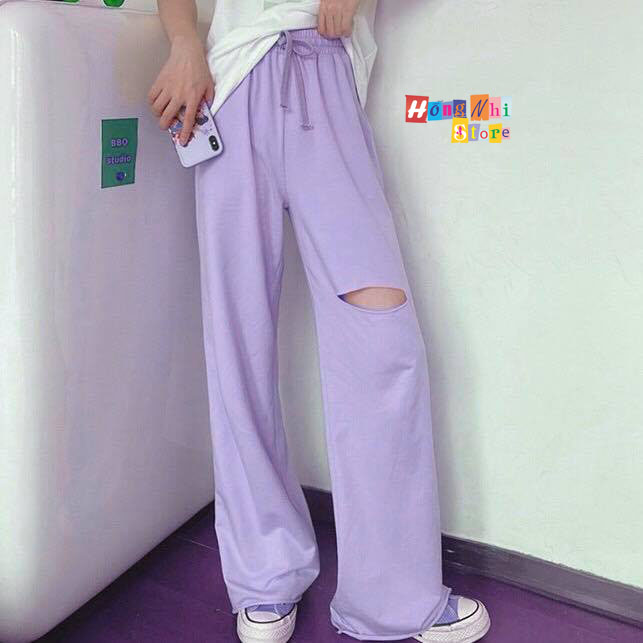 Quần Ống Rộng Rách Gối Màu Tím Lưng Thun Culottes Ulzzang Unisex - MM