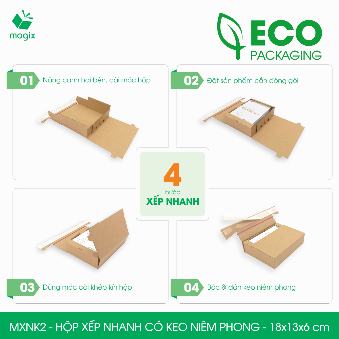 MXNK2 - 18x13x6 cm - 100 hộp carton đóng hàng xếp nhanh có keo niêm phong - Hộp gói hàng, hộp quà