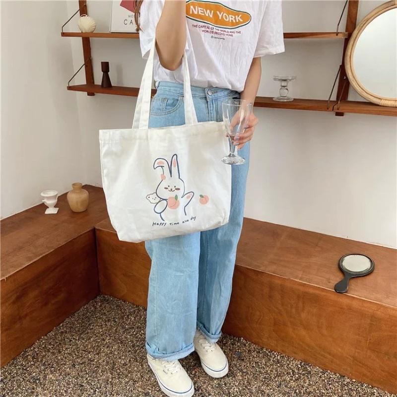 Túi Tote Túi Vải Canvas đeo vai Hình thú phong cách Hàn Quốc Cute có dây kéo và ngăn phụ