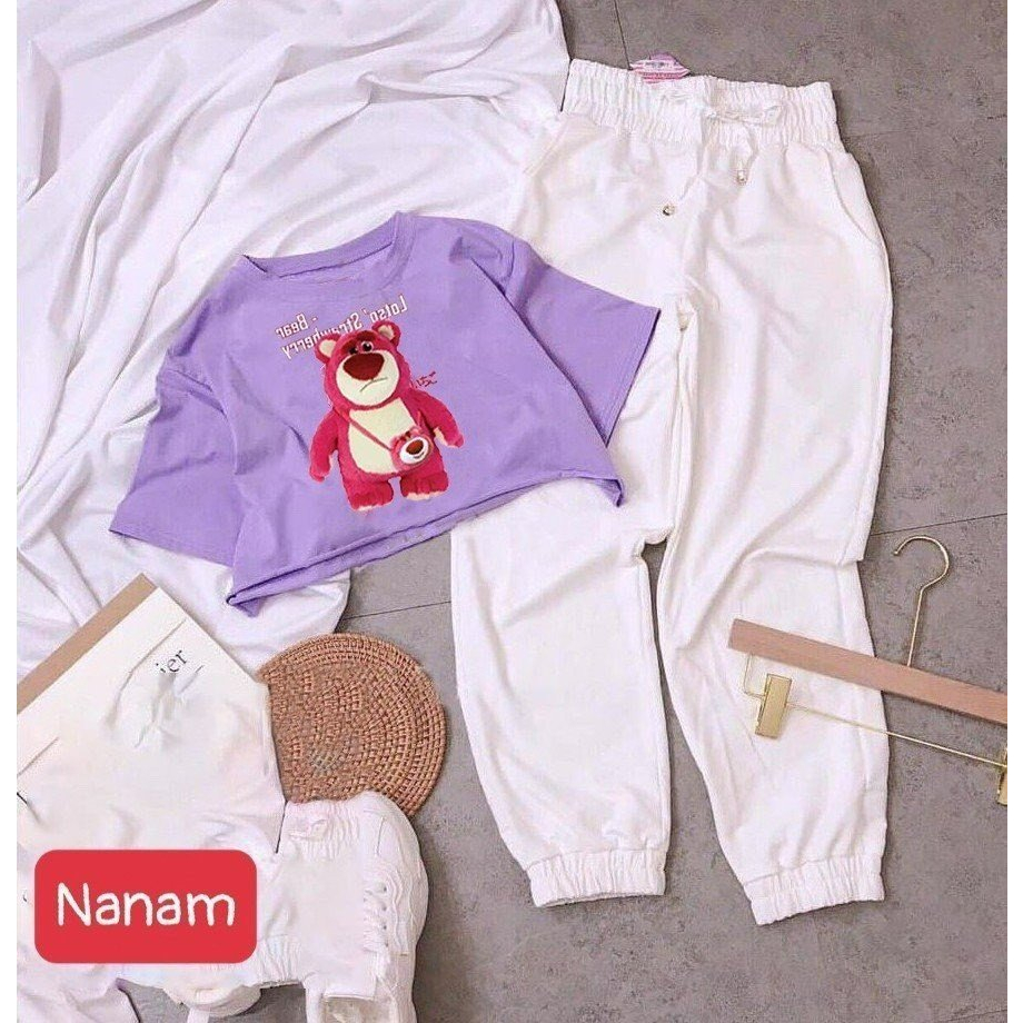 Đồ bộ bé gái, Bộ quần áo croptop phong cách hiphop cho bé gái Gấu dâu Lotso từ 18-60kg chất cotton mát
