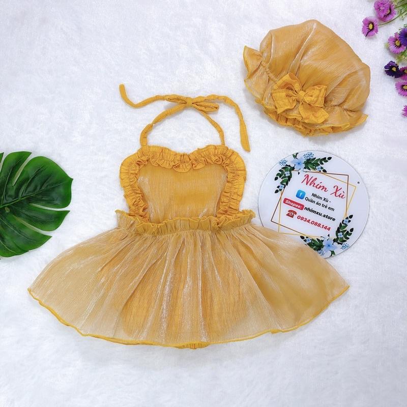 Body Yếm Vàng Bé Gái Sơ Sinh Đến 12kg, Chất Đũi Xốp Phối Tơ Ánh Nhũ Siêu Sang