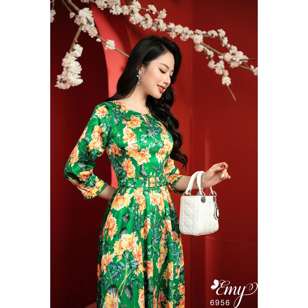 Đầm EMY EM6956 Xoè Midi Xanh Hoa