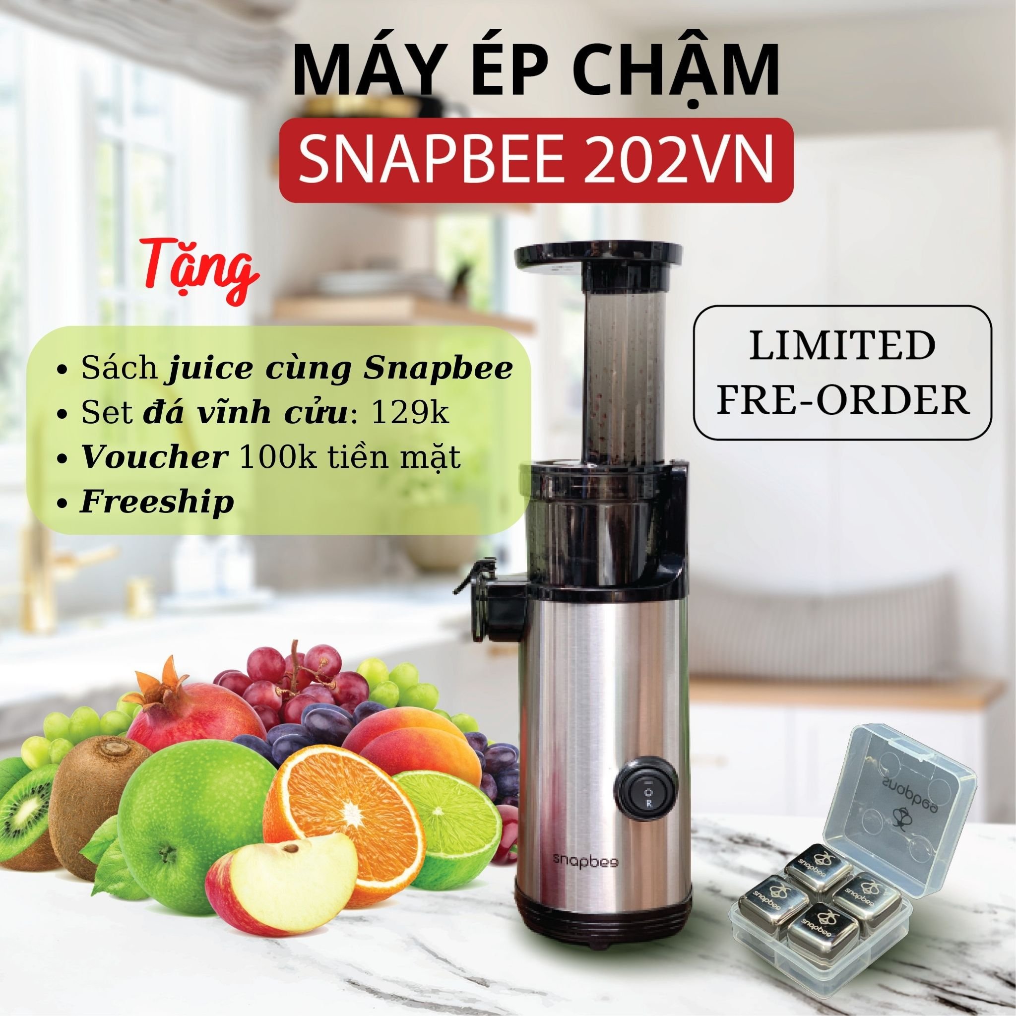 Máy ép hoa quả chậm Snapbee SK202  mini, ép kiệt bã, nhỏ gọn, dễ lắp ráp - Hàng chính hãng, bảo hành 24 tháng