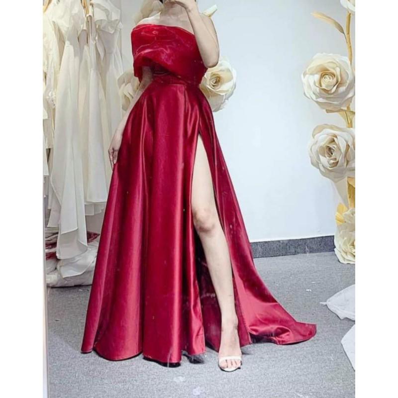Đầm dạ hội phi lụa lệch vai, váy maxi phi xẻ đùi