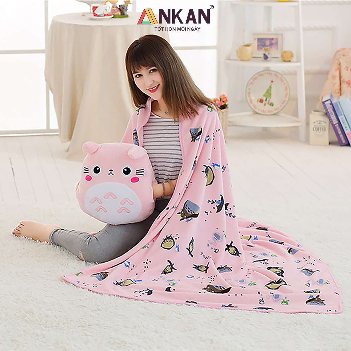 Bộ Chăn Gối Văn Phòng 3 Trong 1 Hình Thỏ Xám Và Thỏ Hồng TOTORO Xinh Đẹp