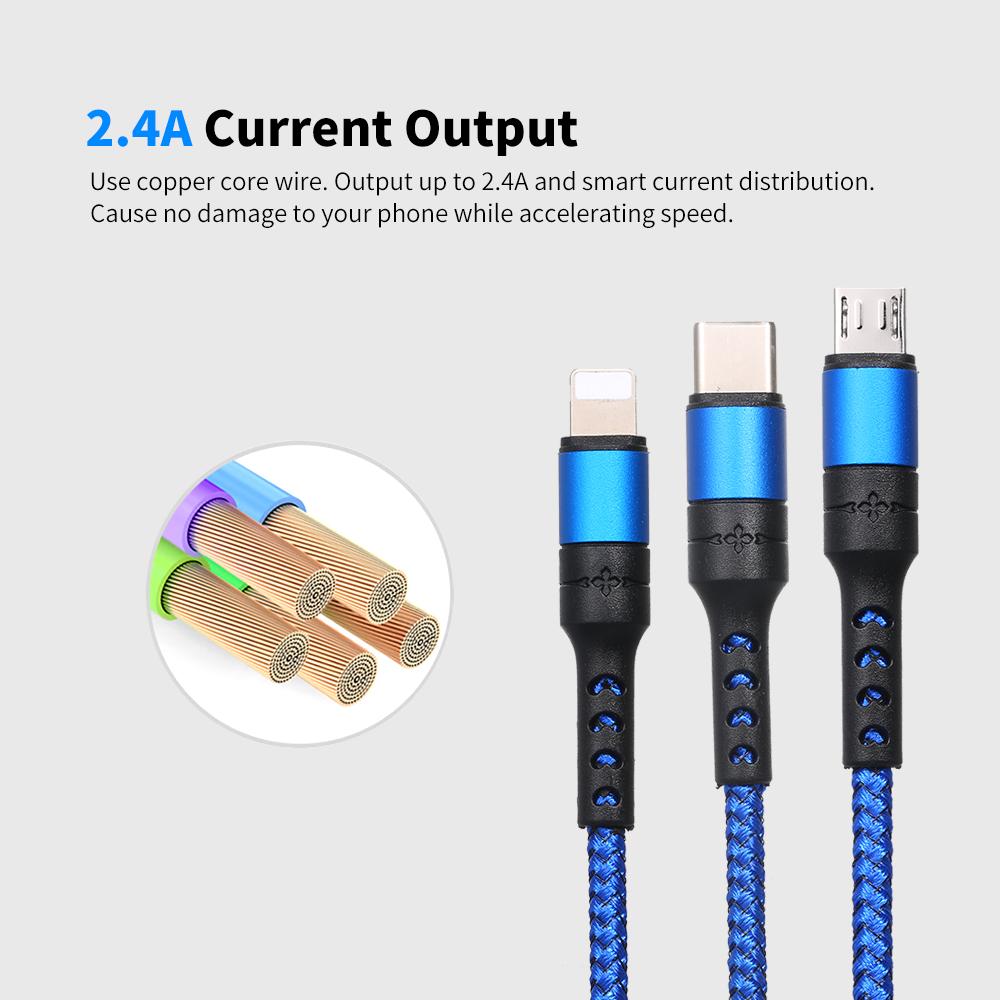 Cáp sạc 3 trong 1 có Micro USB / Type-c Thay thế cho iPhone Xiaomi Huawei Samsung bện 1.2M