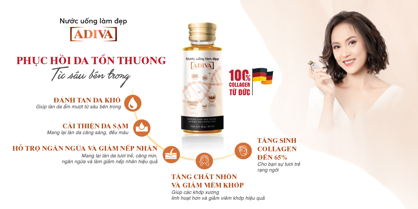 2 Hộp Nước Uống Làm Đẹp Collagen ADIVA (14 Chai/Hộp) + 1 Hộp Viên Uống Trắng Da White ADIVA 60 Viên