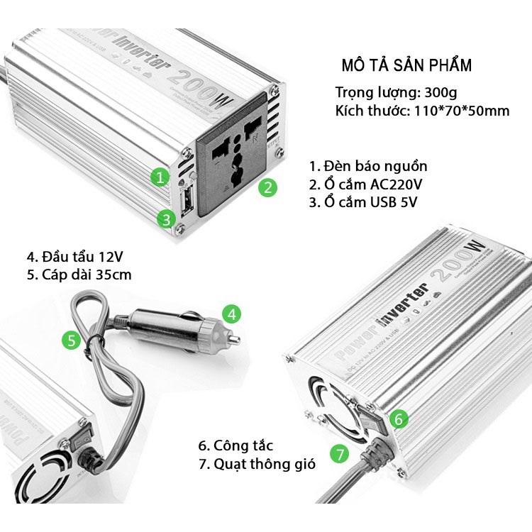 ROGTZ Bộ Chuyển Đổi Nguồn Điện DC 12V Sang AC 110V/220V 200W Cho Xe Ô Tô Cao Cấp - Hàng Nhập Khẩu