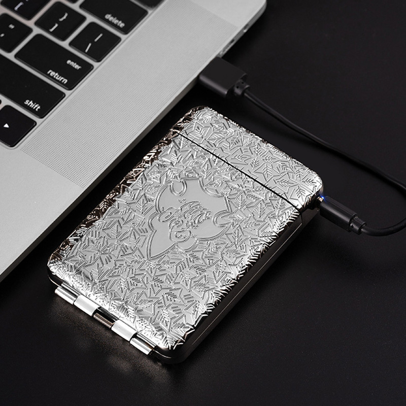 Bật Lửa Điện Kiêm Hộp Đựng Thuốc 16 Điếu Lớn Ngắn Đồng Thau Hoa Văn Cổ