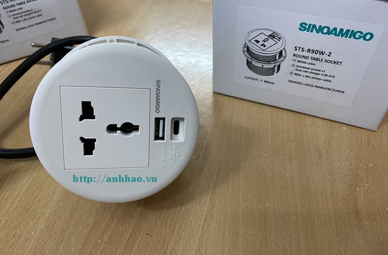 Ổ điện âm bàn Sinoamigo STS-R90W-2, hai màu đen/ trắng (gồm 1 ổ điện, 1 ổ USB-A, 1 ổ cắm USB-C). Hàng chính hãng