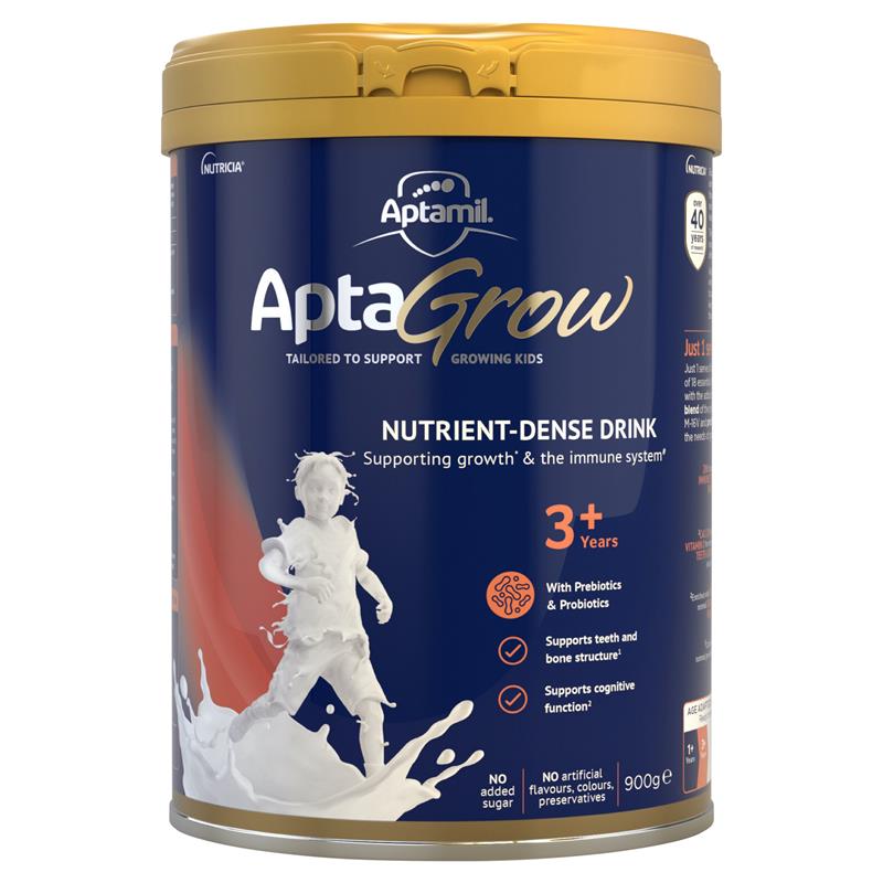 AptaGrow Nutrient-Dense Milk Drink From 3+ Years 900g Sữa Bột Công Thức Cho Bé Từ 3 đến 6 Tuổi  Bổ Sung Men Tiêu Hóa, Sắt, Zinc, Canxi Với 18 Loại Vitamin và Khoáng Chất Cần Thiết