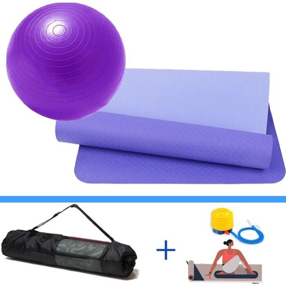 Combo thảm tập yoga 6mm 2 lớp + bóng tập yoga cao cấp (Kèm túi đựng thảm và bơm bóng) - Chính hãng dododios