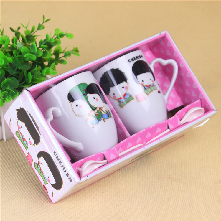 Cốc Sứ Đôi Kèm Muỗng Họa Tiết Chibi Đáng yêu