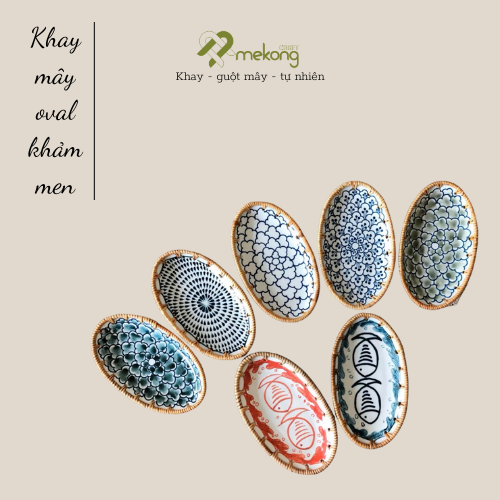 Đĩa sứ oval viền mây tre đan tay trang trí tiệc, decor, đựng đồ, mẫu độc đáo