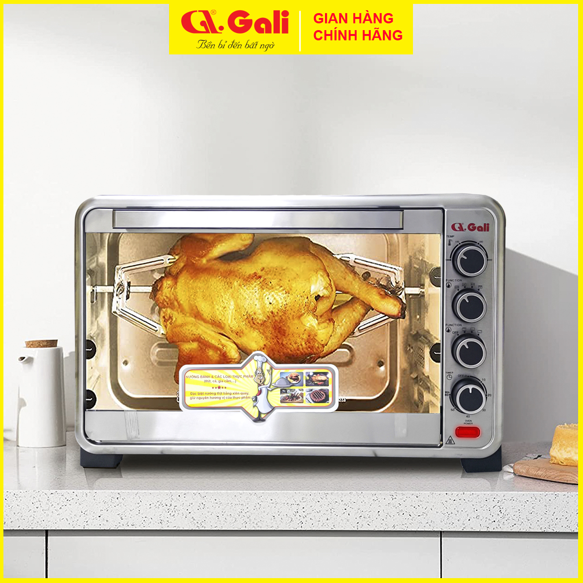 Lò nướng điện đa năng dung tích lớn 70 lít, có đèn, xiên quay, quạt đối lưu, hàng chính hãng Gali bảo hành 12 tháng.