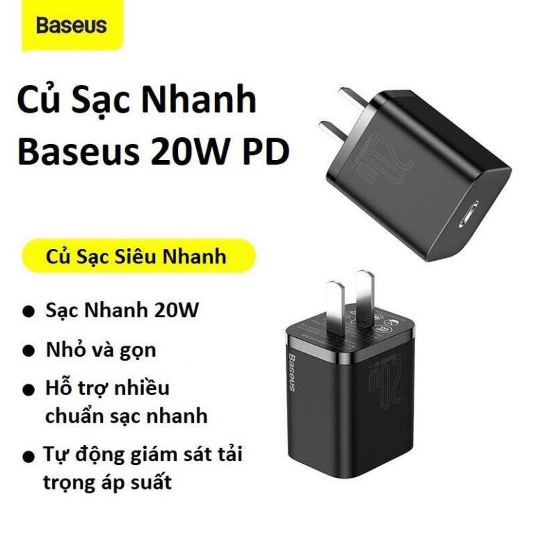 Adapter Cóc củ sạc type c sạc nhanh 20W chuẩn PD 3.0 Type-C hiệu Baseus Super Si trang bị chip sạc thông minh cho iPhone 12 / iPad Pro 2020 / Samsung / Oppo / Huawei / Vivo (phiên bản đầu cắm US-UK) - Hàng nhập khẩu