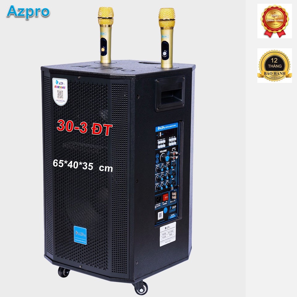 Loa kéo Bluetooth di động, AZ-1208-A-Bass 30-3 đường tiếng,mạch 10 núm chỉnh có Revert,Thùng gỗ cao cấp,tặng 2 mic không dây,Hàng chính hãng AZPRO