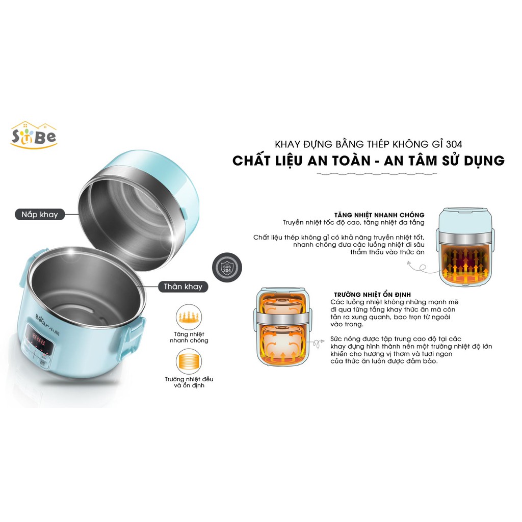 Hộp Cơm Điện Giữ Nhiệt Và Nấu Chín BEAR DFH-B20J1 2 Tầng Dung Tích 2 Lít Công Suất 600 W - Hàng Nhập Khẩu