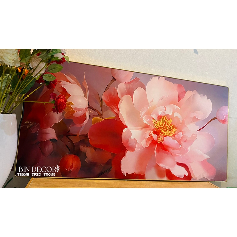 (ẢNH THẬT) Tranh treo tường hoa mẫu đơn hồng có sẵn khung kèm đinh