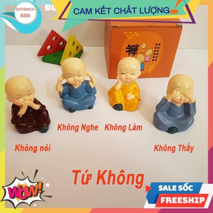 Bộ 4 tượng chú tiểu bốn hòa thượng tứ không mini để bàn làm việc đẹp bằng sứ an lạc