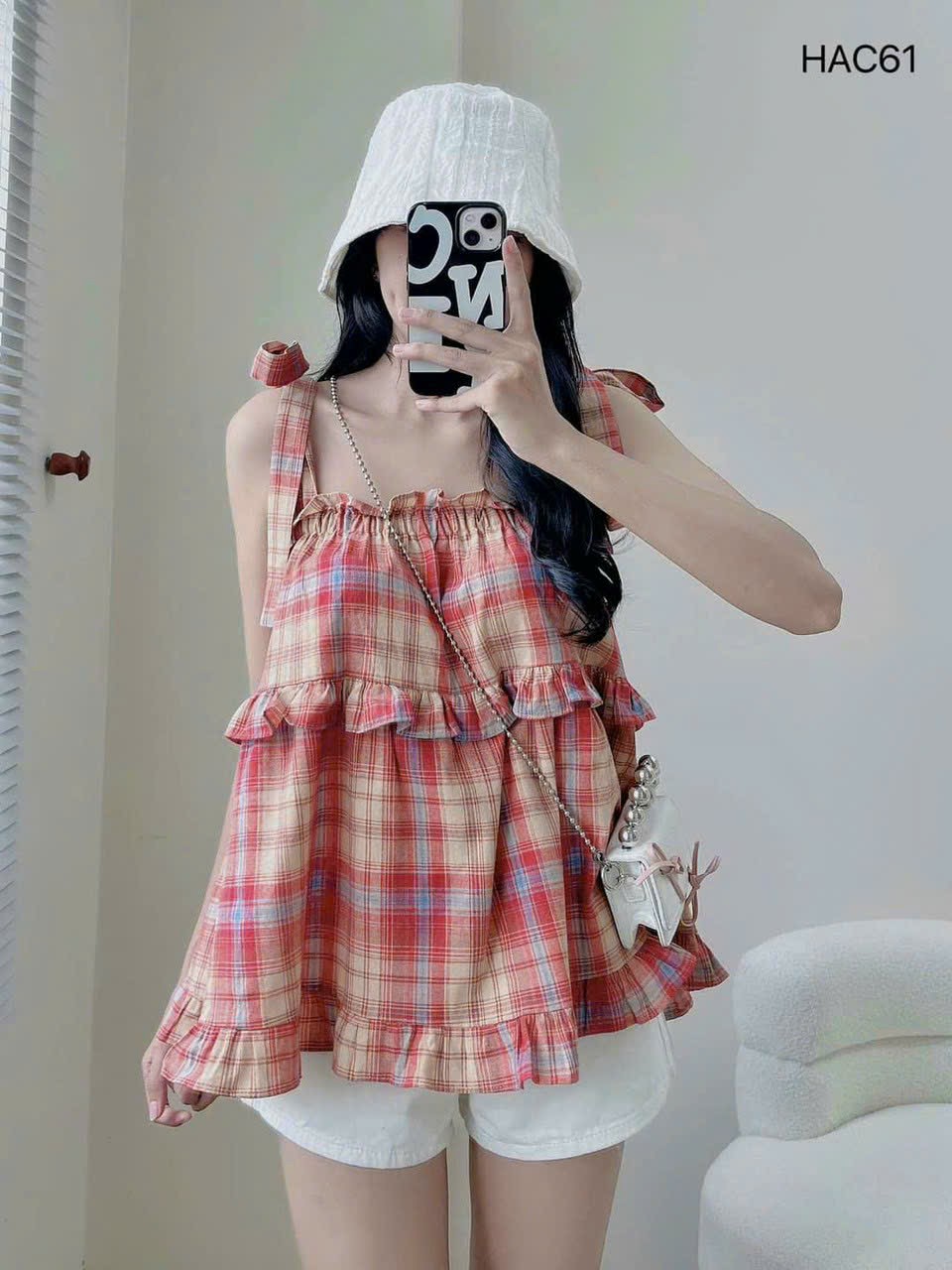 Áo hai dây babydoll caro nữ phối viền bèo tầng cột nơ vai phog cách Vintage siêu xinh chất vải kate, ÁO SƠ MI KẺ ĐỎ BÈO TÂNG 2S CHO NỮ,