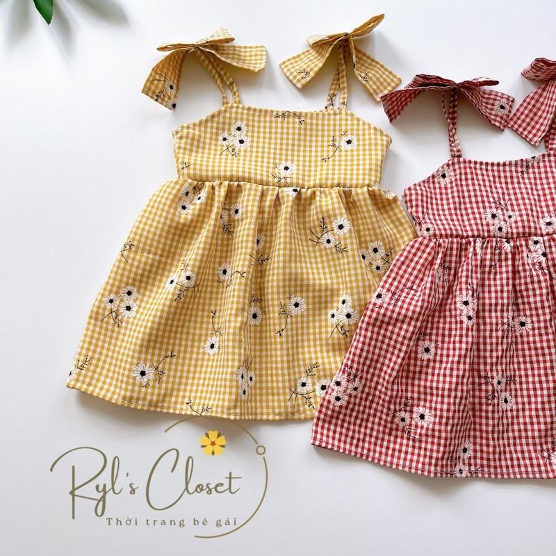 Váy 2 Dây Nơ Caro Hoa Bé Gái 4 Đến 28kg, Đầm Bé Gái Chất Thô Nhật Mềm Mướt