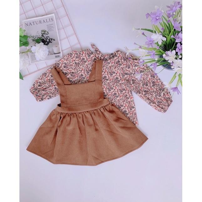 Váy yếm bé gái sét 2 chi tiết LINA KIDS- yếm nhung áo hoa váy thu đông dài tay