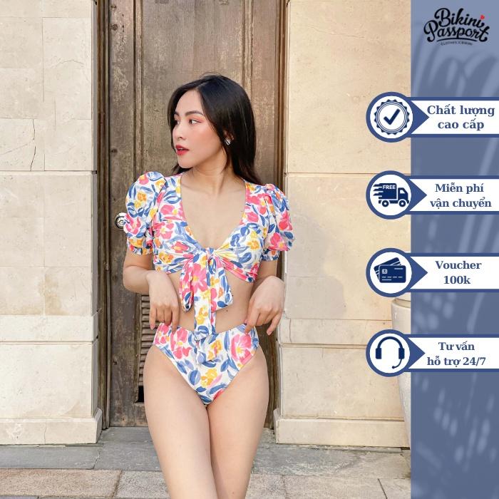 Đồ bơi nữ BIKINI PASSPORT kiểu hai mảnh áo tay ngắn xoắn cách điệu - màu Hoạ tiết - BS421_HOT