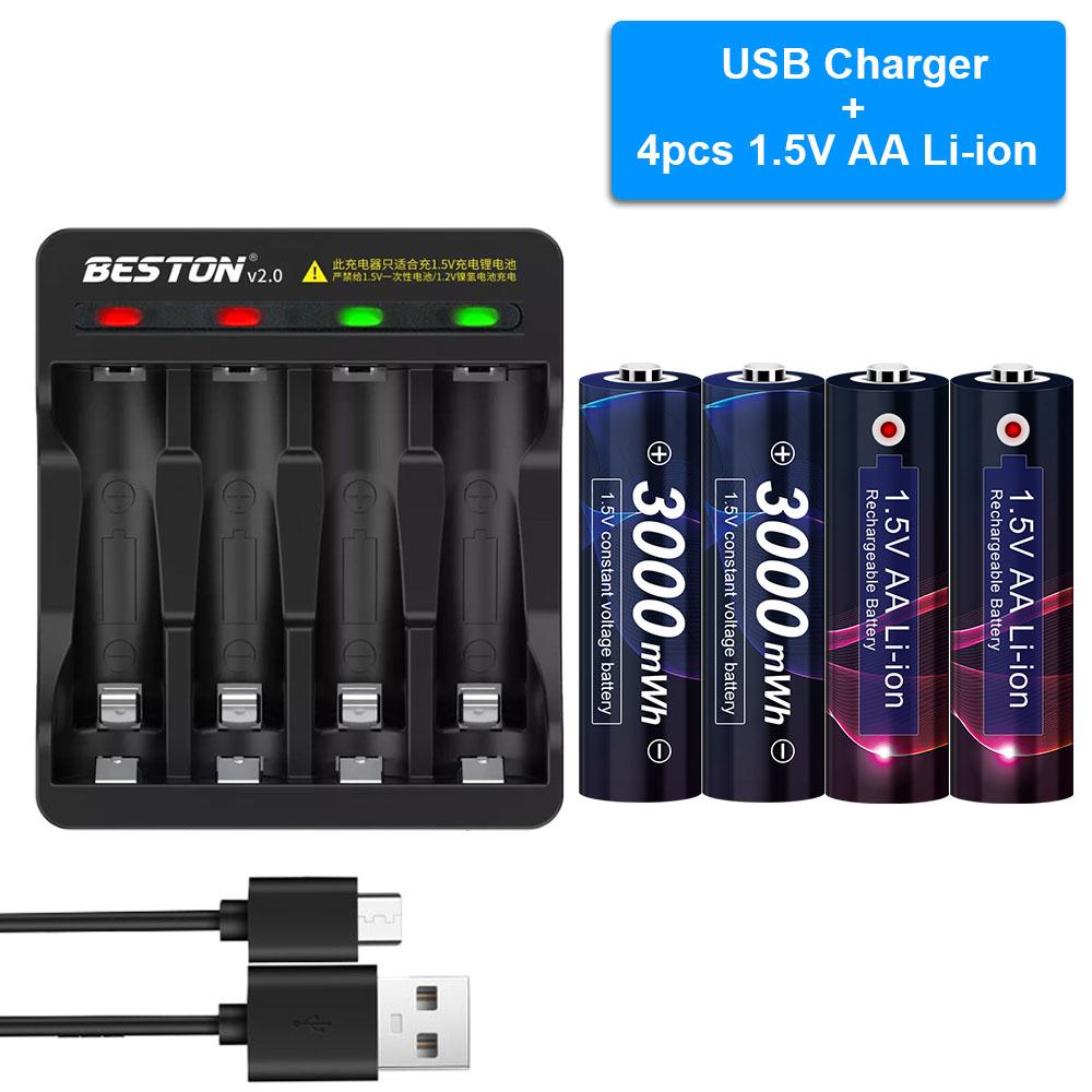 AJNWNM 3000mWh Pin sạc AA 1.5V Li-ion Pin AA Pin sạc AA Pin sạc aa Battey Màu sắc: 2 pin aa