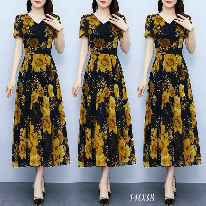 Đầm váy nữ voan midi hoa tay ngắn cổ V dự tiệc đám cưới đen vàng cao cấp
